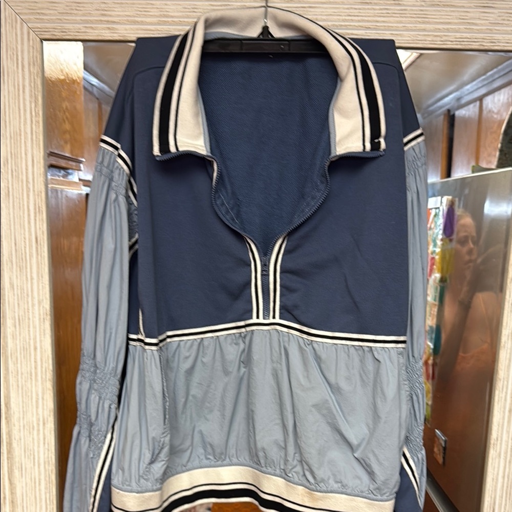 Navy and Gray Pullover with Striped Accents